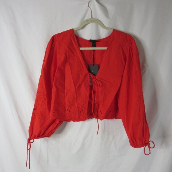 Future Collective Blouse Red Cotton Poplin Eyelet Long Sleeve Size Medium NWT - Picture 5 of 13